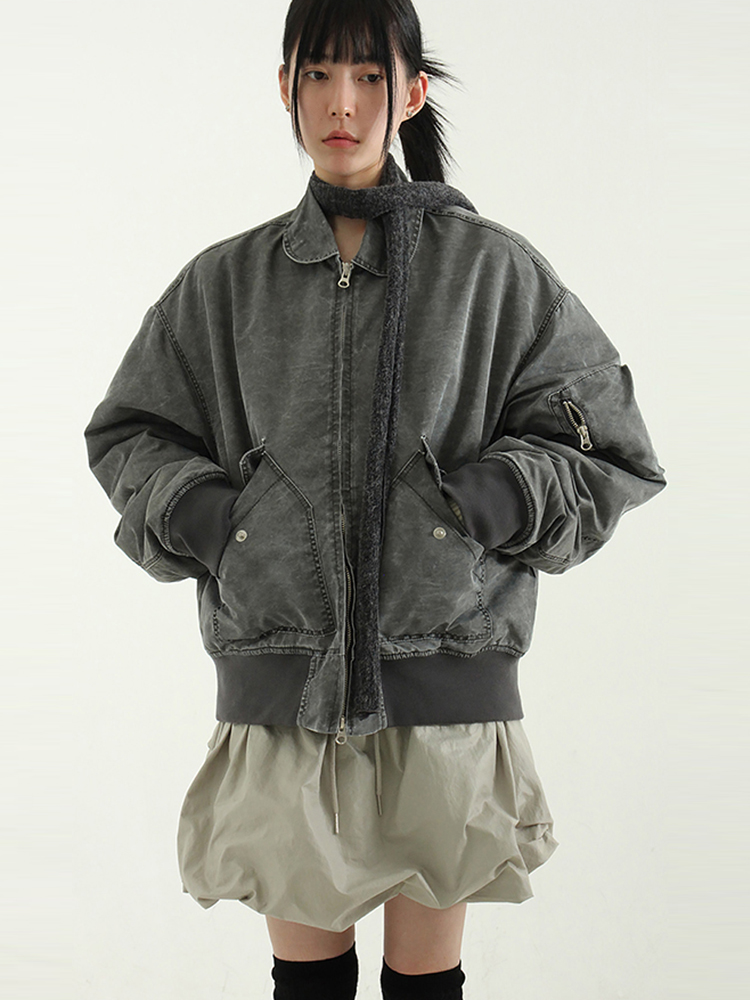 韩国代购23F/W pigmented bomber jacket设计师做旧飞行夹克棉服