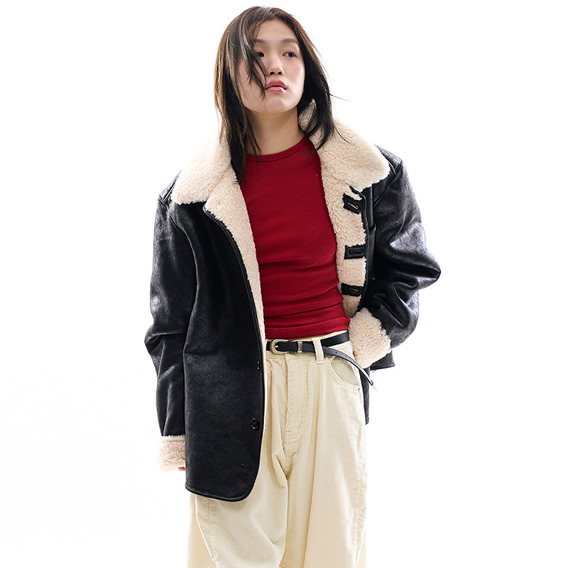 韩国代购Raucohouse Lux eco fleece leather mustang 毛绒夹克