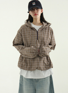 韩国代购25S/S check zip-up neck hood anorak 格子连帽外套百搭