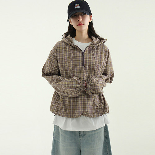 韩国代购25S/S check zip-up neck hood anorak 格子连帽外套百搭 - 封面