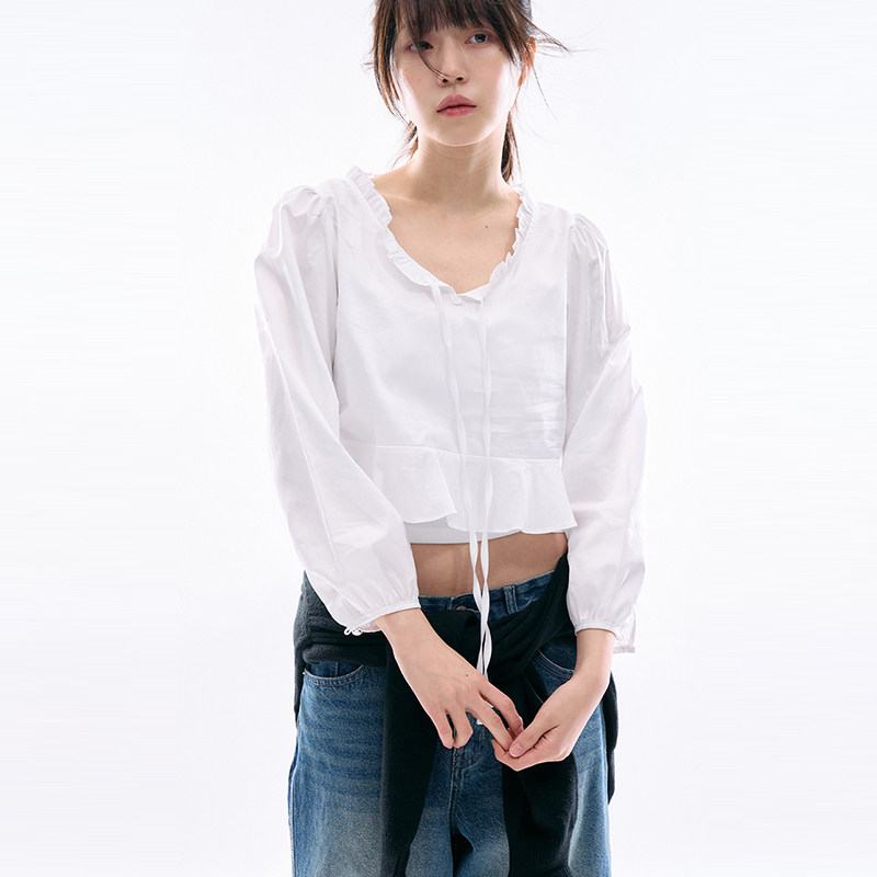Raucohouse韩代短款褶边长袖衬衫