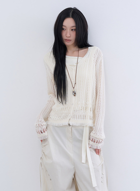 lowear韩代 punching tassel cadigan 流苏镂空长袖针织开衫百搭