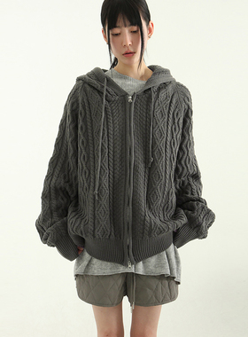 韩代23F/W hand warmer cable knit hood zip-up(unisex)针织帽衫