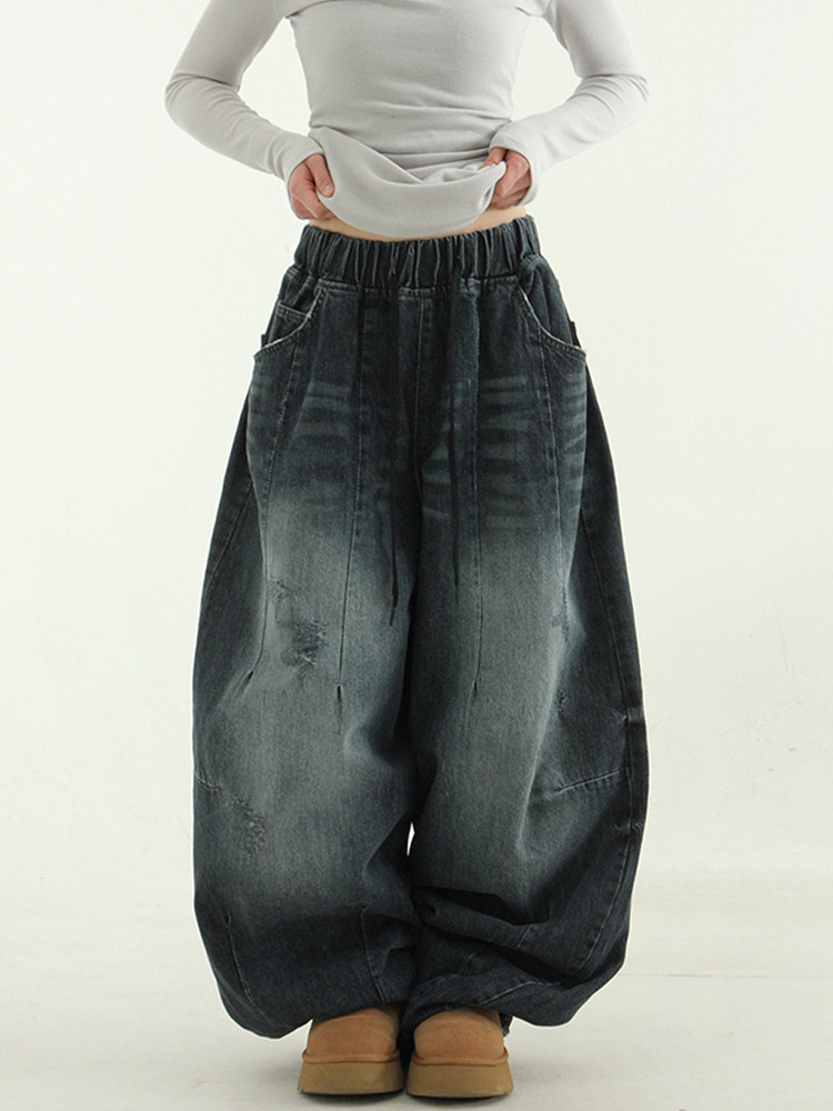 韩代24S/S dark blue damage denim balloon pants(unisex)牛仔裤