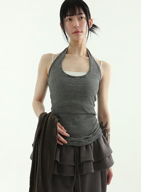 韩国代购24F/W halter neck stripe sleeveless top 条纹吊带背心