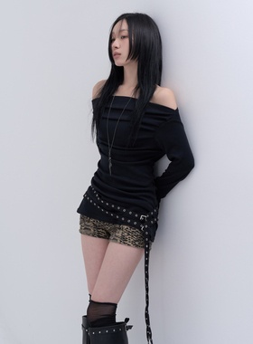 lowear韩代 belt eyelet loose neck tee 设计师款腰带长袖T恤女