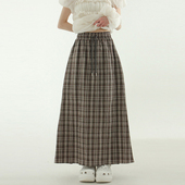 long wrinkled 韩国代购 check banding skirt 格子抽绳半身裙