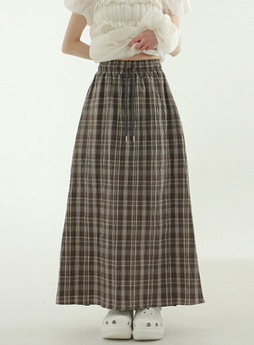 韩国代购25 wrinkled check banding long skirt 格子抽绳半身裙