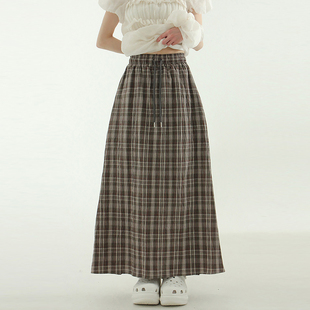韩国代购25 wrinkled check banding long skirt 格子抽绳半身裙