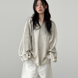 韩国代购25F/W damage waffle tee (unisex) 做脏破洞长袖T恤女