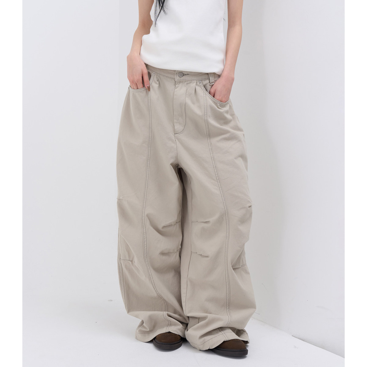 韩国代购26 stitch pintuck cotton wide pants 宽松工装长裤女