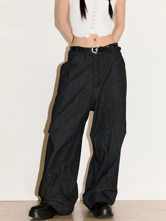 杨超越同款韩代Raucohouse Add pin-tuck stripe denim pants长裤