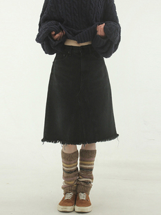 韩国代购23F/W black denim midi skirt 黑灰毛边牛仔中裙复古女
