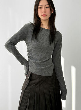 韩国代购25F/W boat neck unbal shirring tee 设计师款长袖T恤