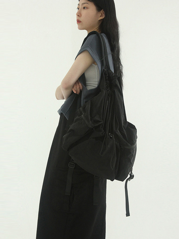 韩国代购 rustled paper string back pack 抽绳双肩背包男女同款