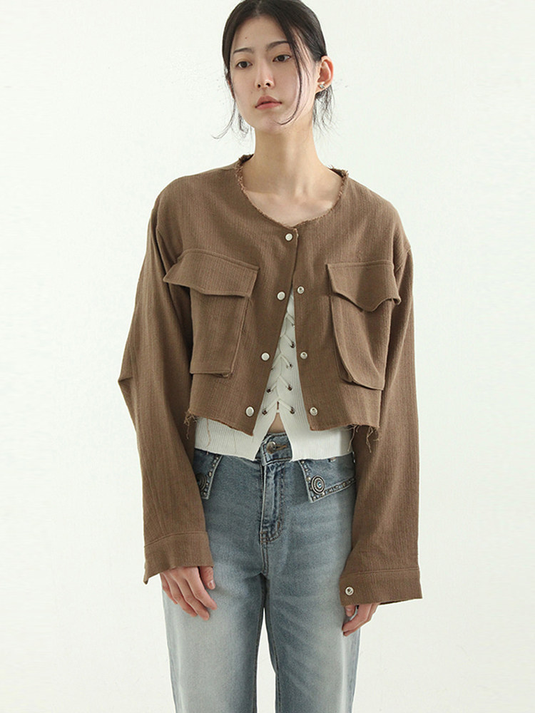 韩国代购23F/W cutting organic cropped jacket 裁剪短款夹克女