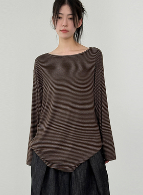 韩国代购25F/W boat neck stripe silket tee 条纹长袖T恤上衣