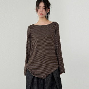 boat neck 条纹长袖 25F T恤上衣 tee silket 韩国代购 stripe