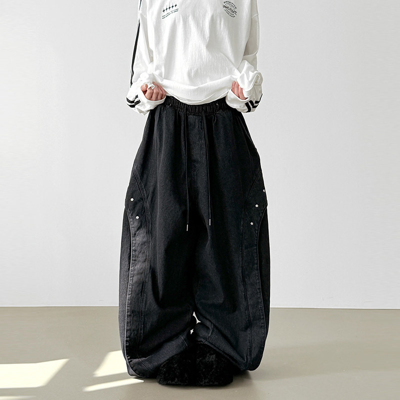韩代25 stud curved denim balloon banding pants(unisex)牛仔裤