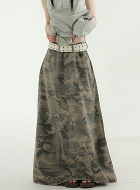 韩国代购25S/S washed camo pattern maxi skirt 迷彩宽松长裙女