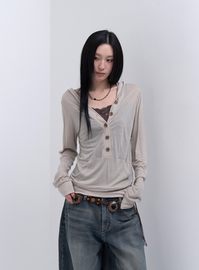 lowear韩代 tencel button hood tee 设计师款薄透系扣连帽T恤女