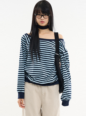 韩代Raucohouse Landa 2-way stripe unbalance T-shirt 露肩T恤