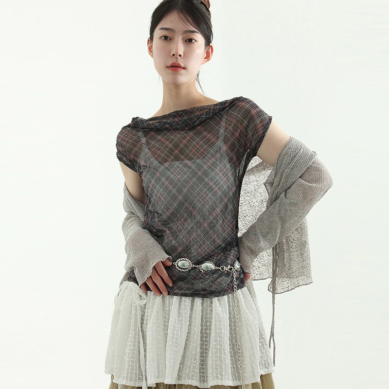 韩国代购25 see-through draped neck check half tee 半透上衣
