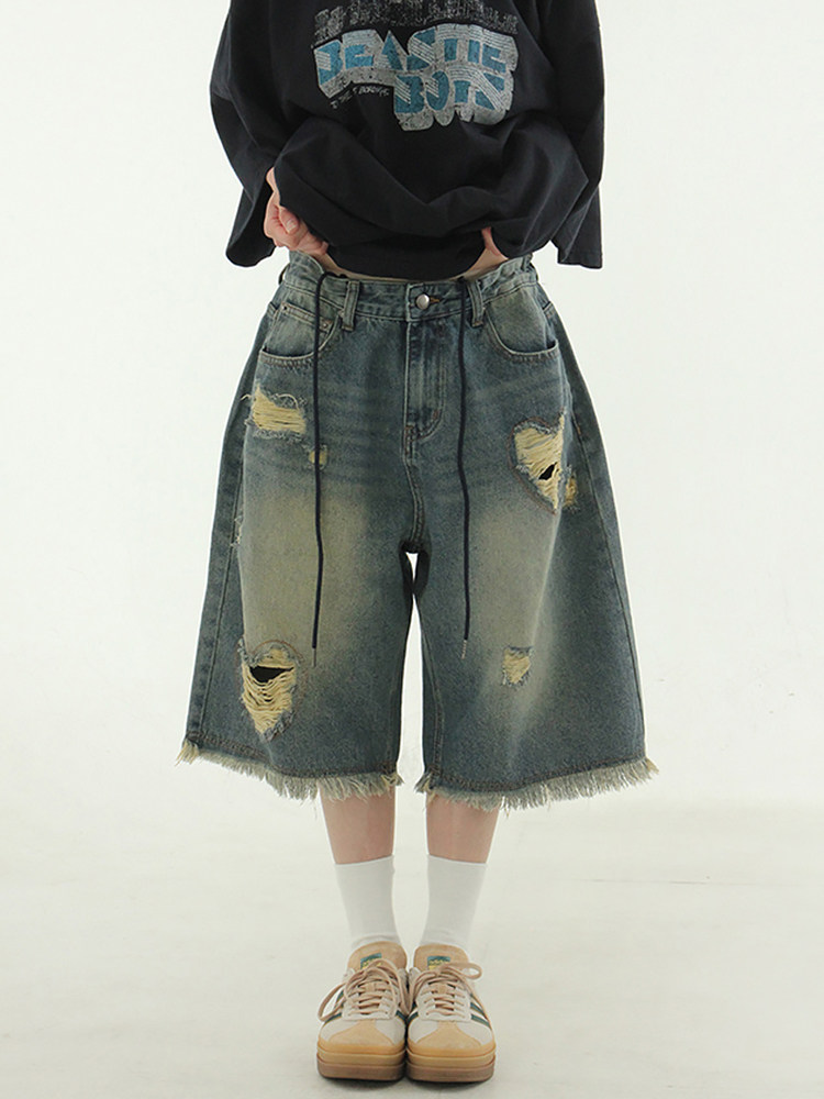 韩代24 heart damage denim half pants (unisex) 破洞牛仔半腿裤