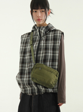 韩国代购24 check hood zip-up vest 设计师款格子连帽马甲上衣女