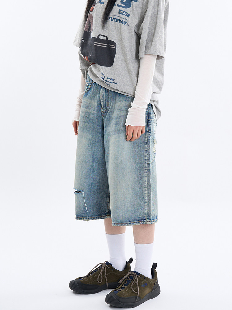 韩代Raucohouse Check layered damage bermuda denim pants 裤
