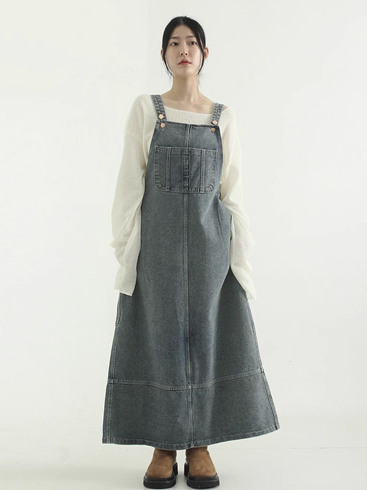 韩国代购carpenter denim overall skirt 设计师背带连衣长裙复古