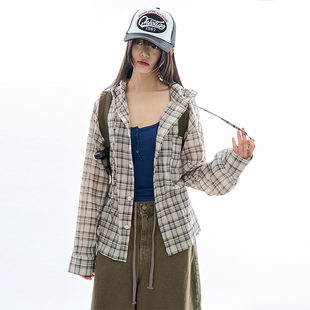 韩代Raucohouse Civita wrinkle hooded check shirt格子连帽衬衫