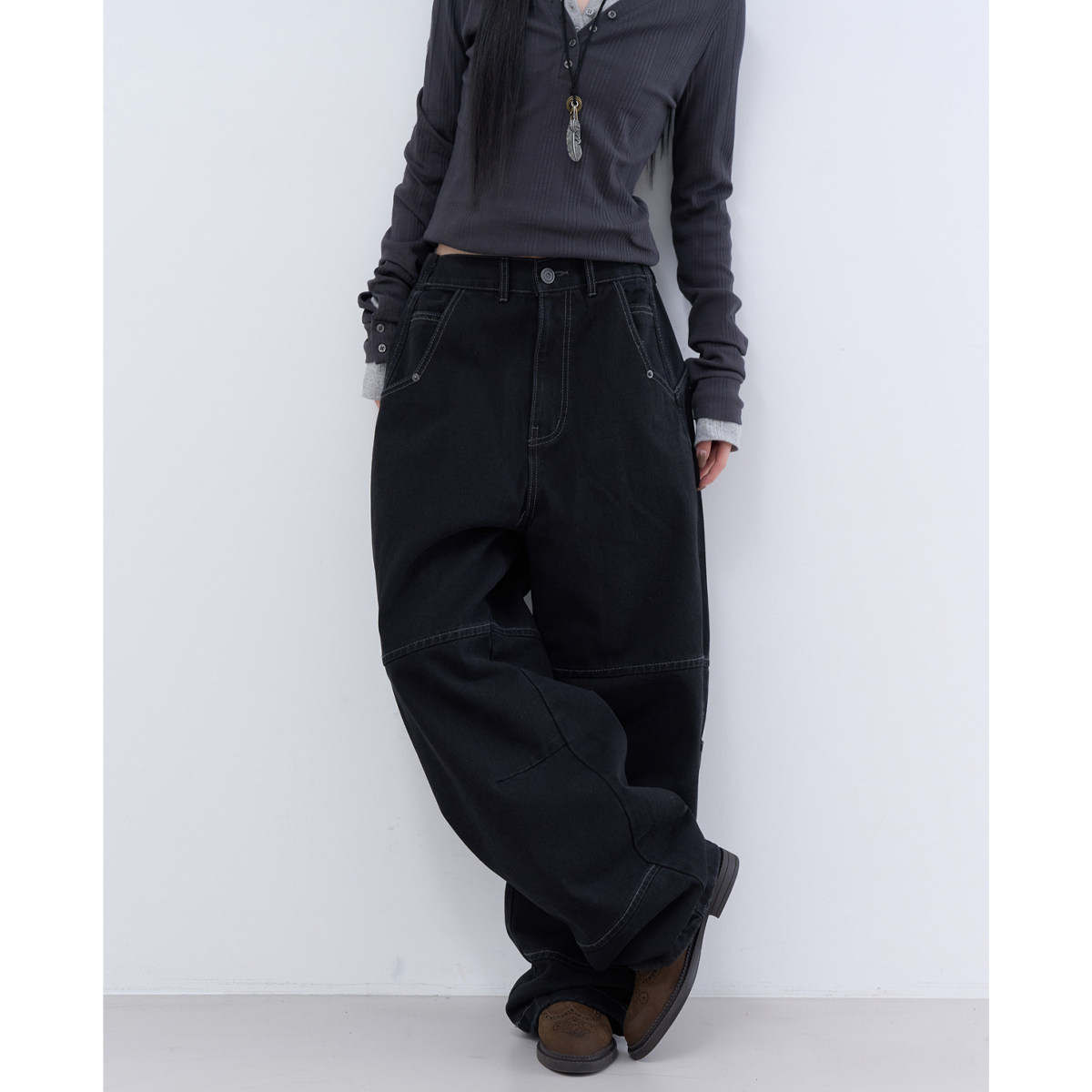 lowear韩代 rough eyelet pocket pants 设计师款松紧腰工装长裤