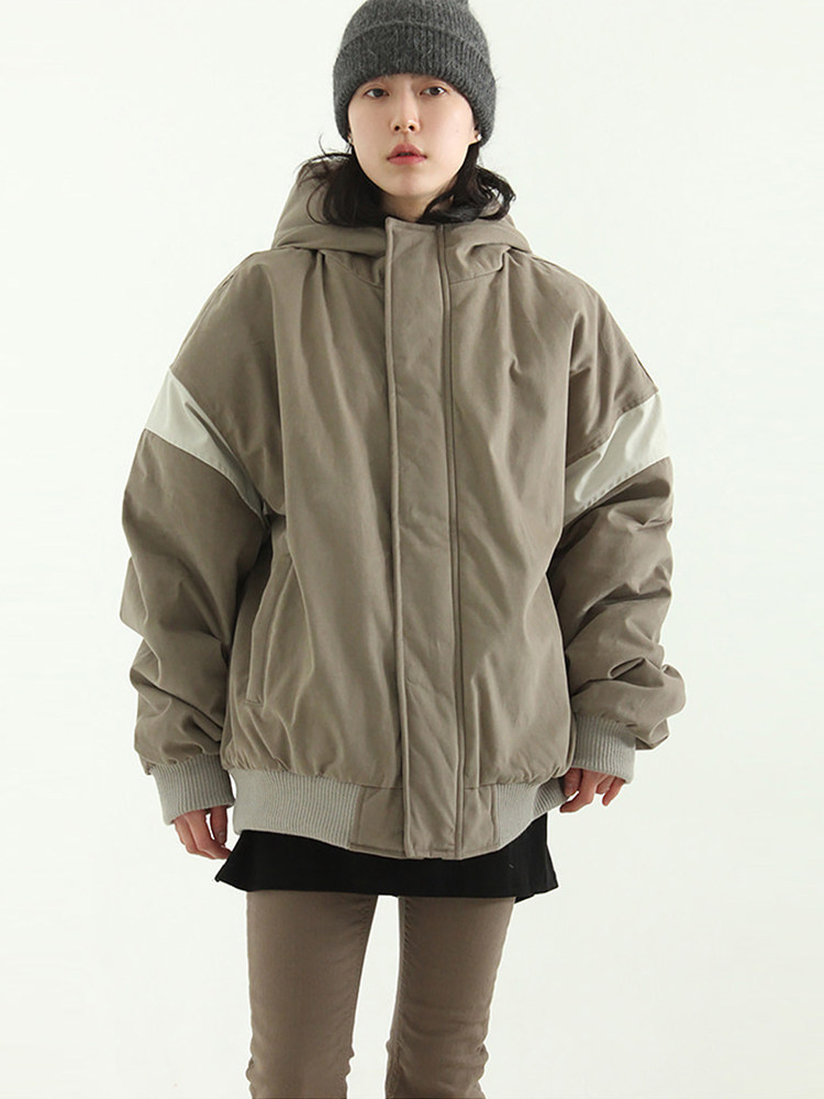 韩国代购 varsity quilting hood jumper (unisex)拼接棉服夹克女