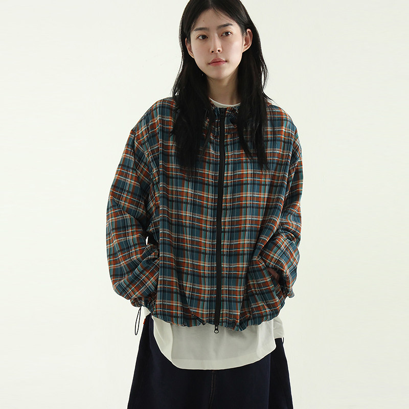 韩代25 clean texture check hood zip-up (unisex)格子连帽外套