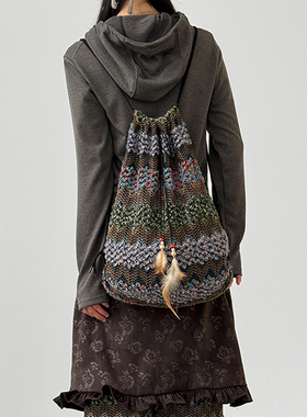 韩国代购25F/W mixed pattern bucket back pack混色花纹针织背包