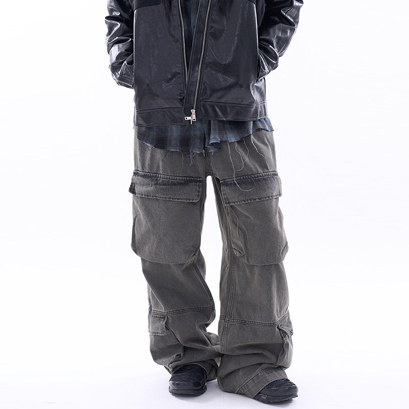 韩代Raucohouse Clou tin dyeing banding cargo denim pants牛仔
