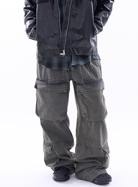 韩代Raucohouse Clou tin dyeing banding cargo denim pants牛仔