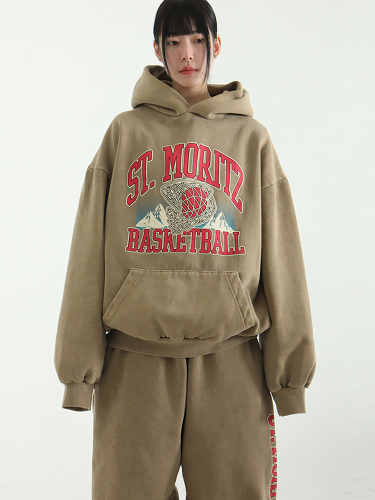韩国代购23F/W ST.MORITZ printed cotton hoody(unisex)加绒帽衫