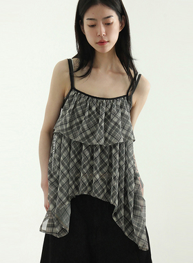 韩国代购25S/S check chiffon unbal sleeveless top格子吊带上衣