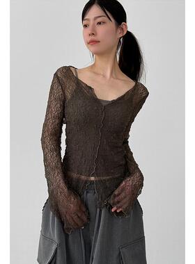 Localmansion韩代26S/S floral lace slit tee 蕾丝镂空长袖T恤