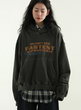 韩国代购25A/W FASTEST printed cotton hoody (unisex) 做旧帽衫