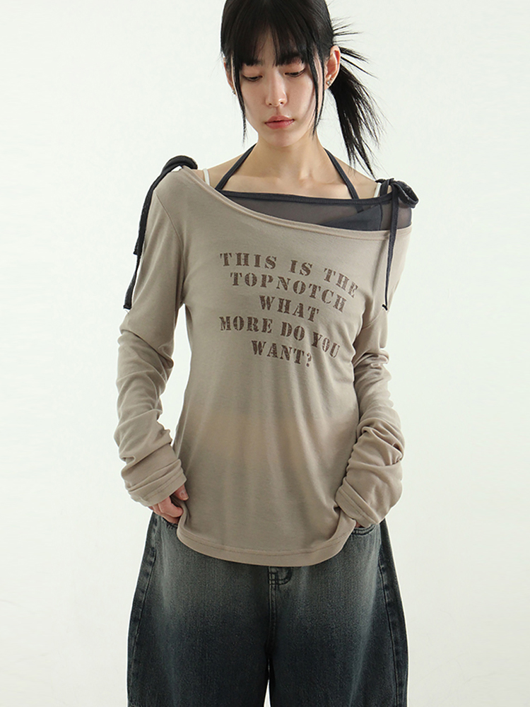 韩国代购24A/W boat neck printed tencel tee 字母风船领长袖T恤