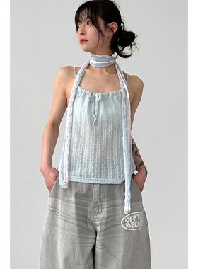 韩国代购26S/S crinkle texture sleeveless top 薄透吊带背心女