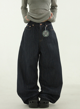 韩国代购24A/W back button non fade indigo wide jean 牛仔裤女