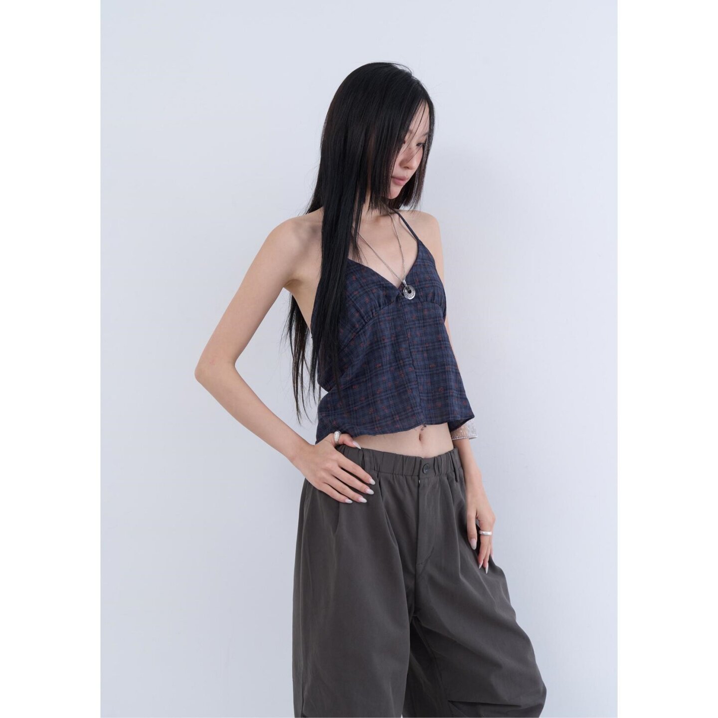 lowear韩代碎花格纹挂脖背心