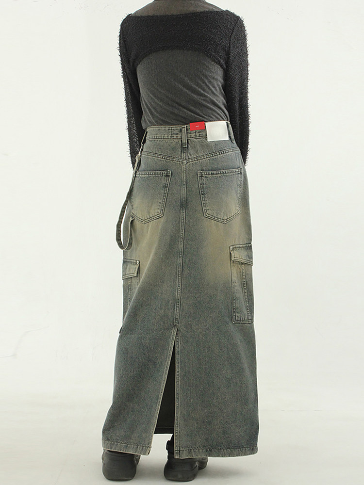 韩国代购23A/W khaki grey denim cargo maxi skirt 做旧牛仔裙女