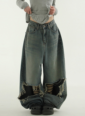 韩国代购25A/W vintage blue destroyed wide jean 破洞牛仔裤