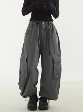 韩国代购 oversize wide string cargo banding pants口袋工装裤