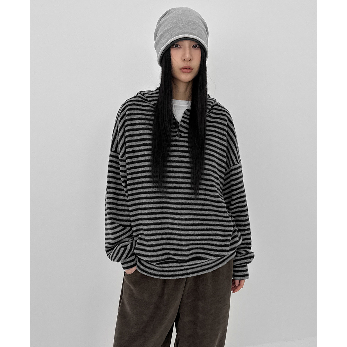 韩代26 Kenom Stripe Henley Neck Hooded Long Sleeve T-shirt